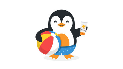 Fototapeta premium Charming cartoon penguin character joyfully preparing for a sunny summer beach vacation, complete with colorful swim trunks, a playful beach ball, and essential sunscreen