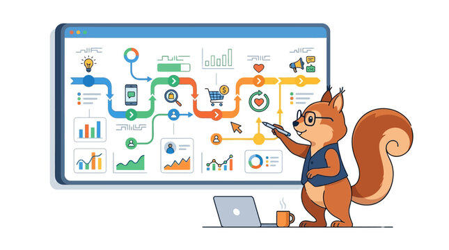 Marketing Strategy Flowchart Explained by Cute Squirrel Character with Laptop and Analytics Dashboard
