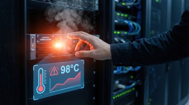 Person touching overheating server with rising temperature display and smoke