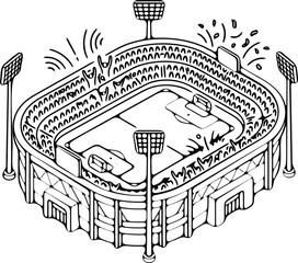 Obraz premium Isometric soccer stadium, black and white sketch, football arena view from above with cheering crowd and goal celebration.