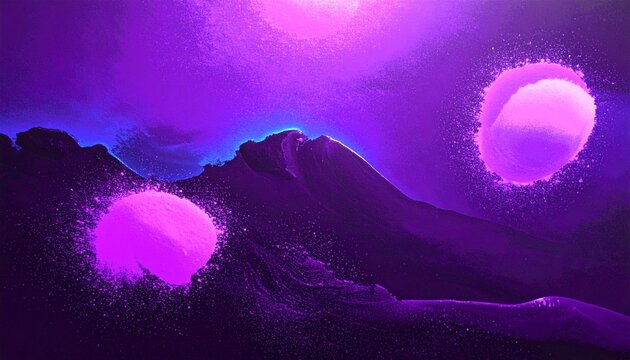 Vibrant purple landscape with glowing orbs and textured mountains under a luminous sky
