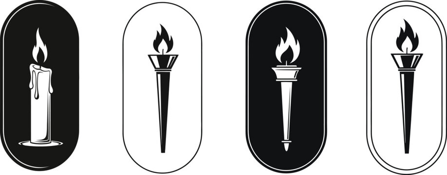 Vintage candle and flaming torch vector set