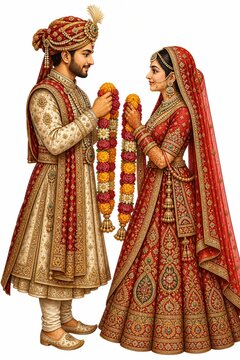 Indian Bride and Groom Exchanging Floral Garlands in Traditional Hindu Wedding Ceremony for Matrimonial Branding, Cultural Promotions, and Celebration Marketing