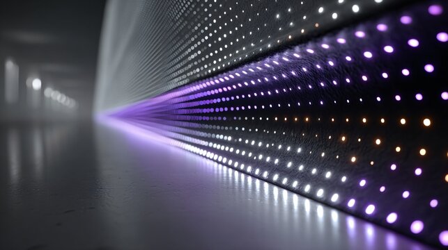futuristic led light wall with purple and white illumination in modern space