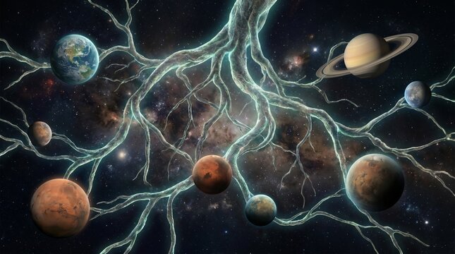 Tree roots connecting planets cosmic network
