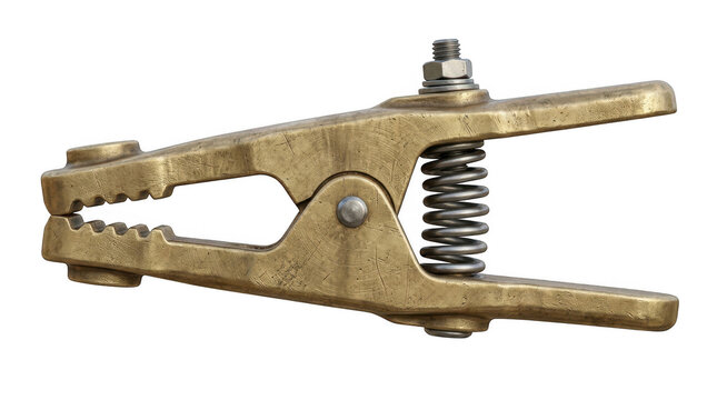 Heavy-duty brass clamp with spring mechanism and adjustable jaws on neutral background.