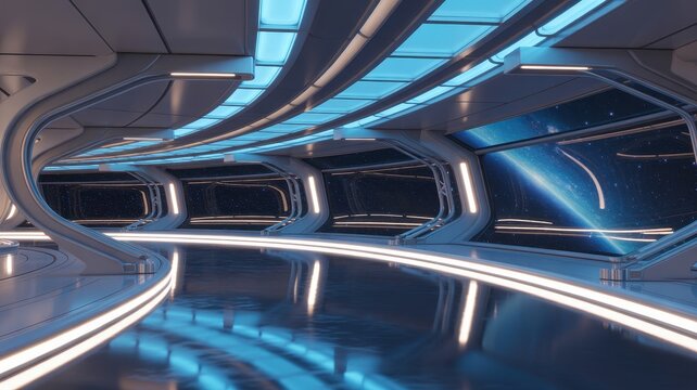 Futuristic spaceship corridor interior with view of space and stars