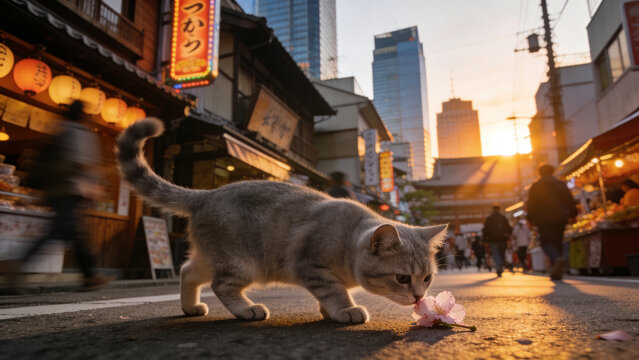a cute grey feline roaming around a the streets of tokyo, realistic photo during sunset