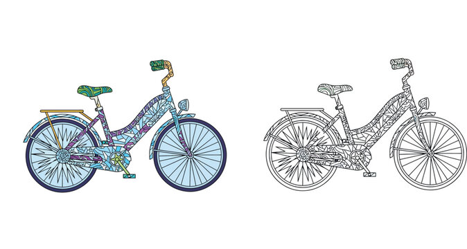 Decorative Bicycle Illustration with Intricate Zentangle Patterns and Line Art Version for Adult Coloring Book, Stylized Retro Cruiser Bike Vector Graphic for Creative Design Projects