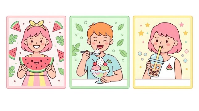 Cute cartoon children enjoying summer treats illustration set