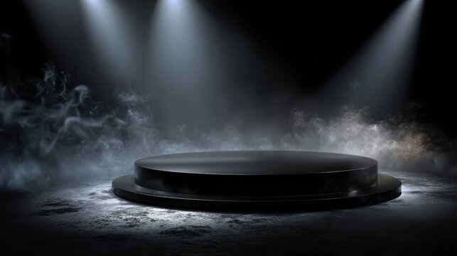 Empty black circular podium stage with dramatic spotlight and smoke