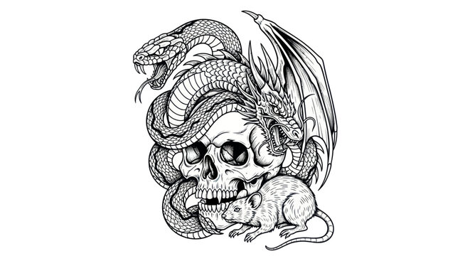 Mythical Creatures: Snake, Dragon, Skull, and Rat Illustration
