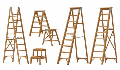 Vector set of different types of wooden step ladders and stools isolated on white background © Majedul