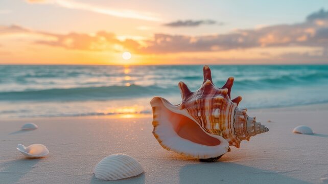 Large conch shell on tropical beach at sunset