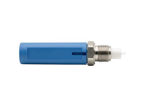 Blue fiber optic cable connector with threaded coupling for network installations.