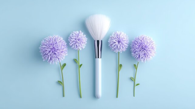 A fluffy cosmetic makeup brush centered between four purple pompon flowers on a light blue surface