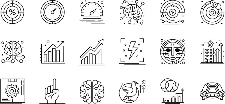 Business and Technology Icon Set Featuring Analytics, Brain, Network, Radar, Charts, Arrows, Lightning, Recognition, Buildings, and Technology Symbols for Digital, Web, and App Designs