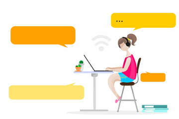 Fototapeta premium Work from Home Illustration of Woman Wearing Headphones During Online Meeting with Colleagues Using Wireless Communication Technology
