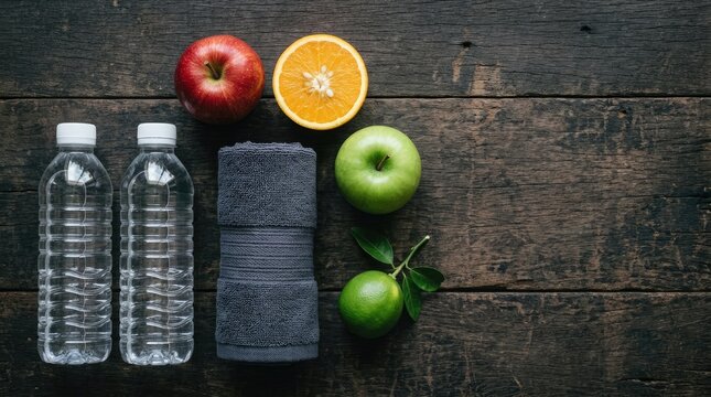 Healthy lifestyle flatlay with fruits water and towel on wood