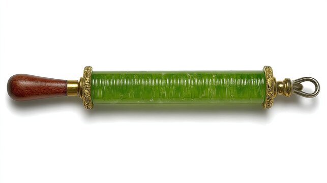 Antique green jade rolling pin with wooden handle and ornate gold metal decorative mountings
