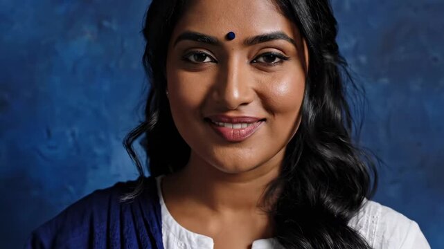 Serene woman with bindi against textured blue wall, eyes closed, white kurta and navy drape, soft portrait light, mindful South Asian beauty, peaceful wellness mood and elegant simple style look
