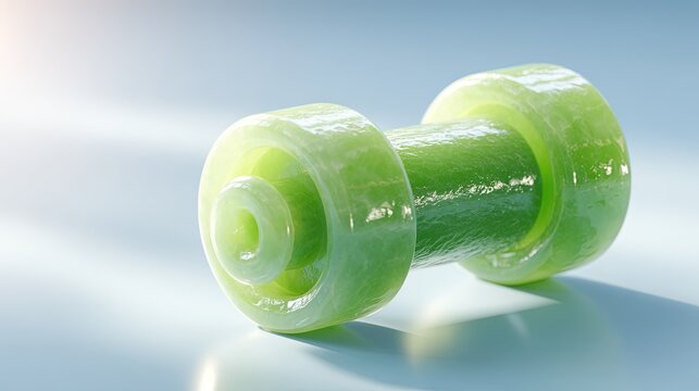 A translucent jade green dumbbell resting on a smooth surface with soft natural light reflecting off its texture