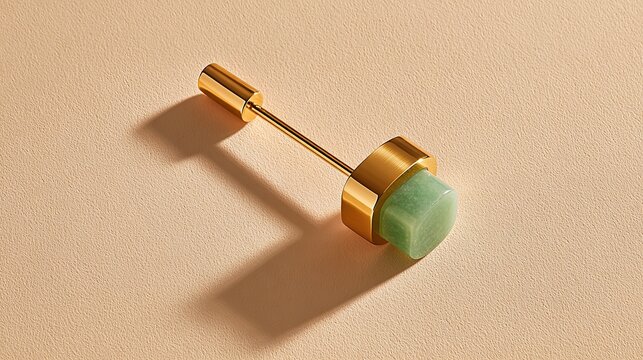 A elegant lapel pin featuring a polished gold setting and a smooth round piece of natural green jade stone