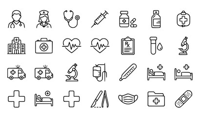 Editable stroke doctor and healthcare outline icon collection vector