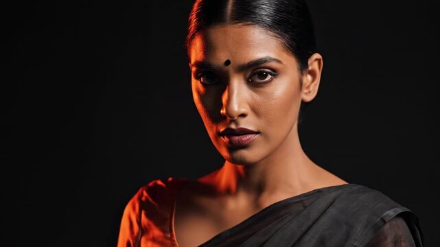 Dramatic woman with bindi in black sari under red rim light on dark studio backdrop, intense gaze, sculpted shadows, cinematic South Asian fashion portrait with bold elegant editorial mood scene