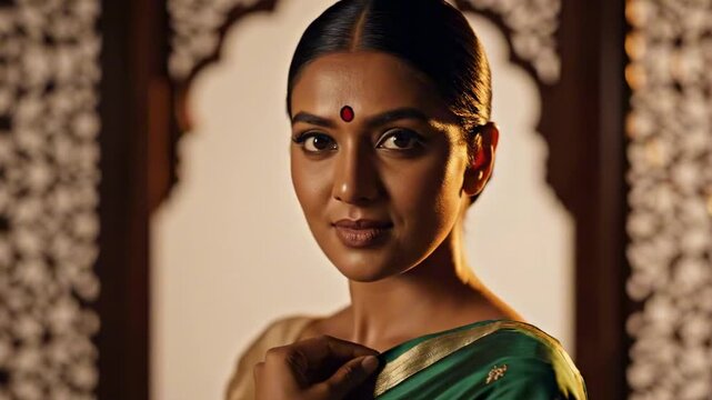 Elegant woman with bindi in green sari near ornate arch and soft floral decor, turned shoulder pose, warm ceremonial lighting, refined South Asian cultural fashion and graceful confidence mood