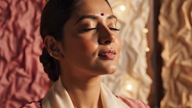 Peaceful woman with bindi in pink outfit, eyes closed beside textured sculptural panels, warm decorative lights, serene South Asian wellness portrait with soft feminine elegance and calm mood