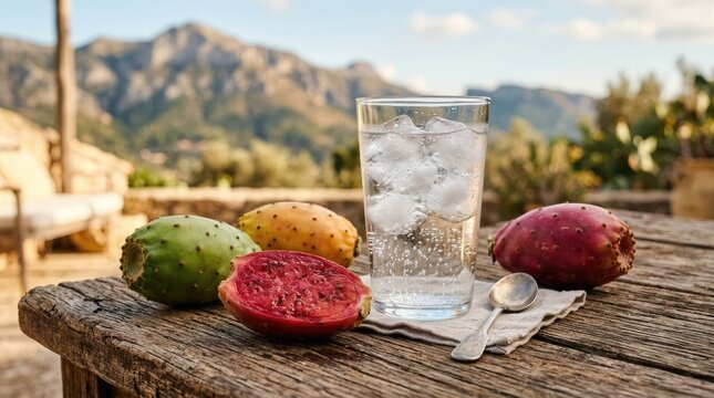 Prickly pear fruit and sparkling water on rustic wooden table
