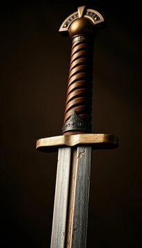 Chipped gladius hilt, texture of worn leather against a soft, sun-drenched background, echoes of conflict,  grip,  military