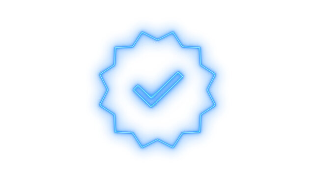 Glowing neon checkmark badge or verified icon isolated on transparent background. Quality seal. Approval mark. Guarantee sign. Success symbol. Certificate.