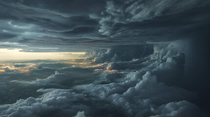 Fototapeta premium Dark Storm Clouds Above the Sky at Sunset with Lightning Over Sea of Clouds