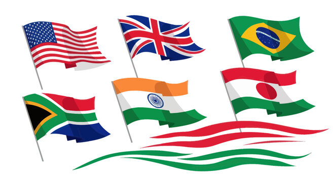 International Flags Waving: USA, UK, Brazil, India, South Africa, Niger