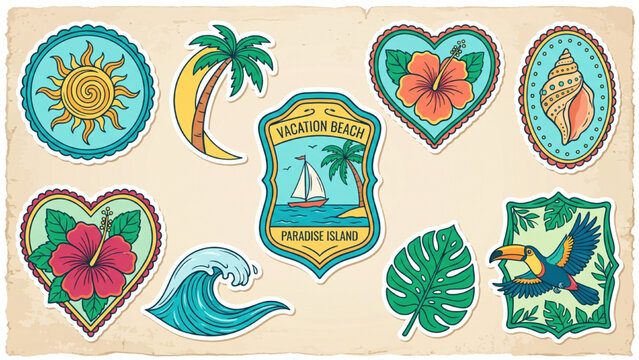 Tropical Summer Travel Vector Elements, Exotic Beach Sticker Frames with Palm Trees Seashells Waves and Vacation Post Stamp Designs