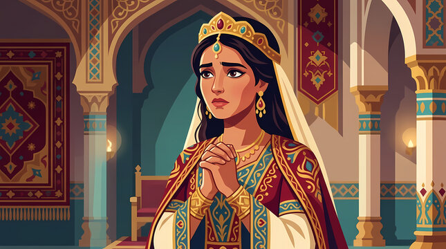 Queen Esther prays for her people in a richly decorated palace hall