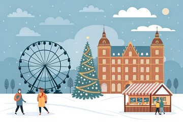 Fototapeta premium Winter scene with ferris wheel christmas tree market stalls, evening light