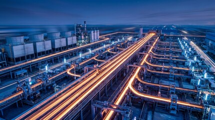 Fototapeta premium Futuristic industrial complex with glowing lights at dusk
