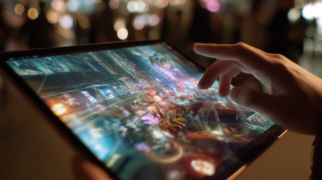 Person use tablet computer with futuristic city screen