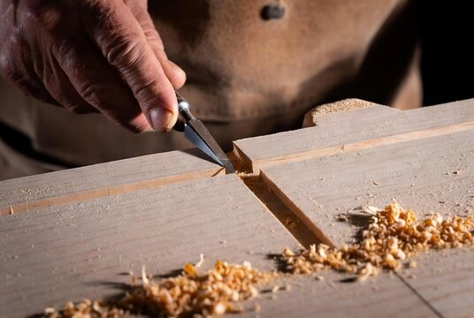 Skilled Craftsman Using Chisel on Wood Joint, Traditional Woodworking 
and Carpentry Craft with Sawdust Detail Close Up