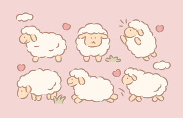 Naklejka premium A whimsical and dreamy soft pastel sheep illustration set featuring cute kawaii animal clipart in a cozy and gentle style.