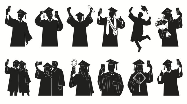 academic graduation student silhouette icon set with graduates taking selfie with smartphone and diploma editable silhouette vector illustration for class of 2024 ad