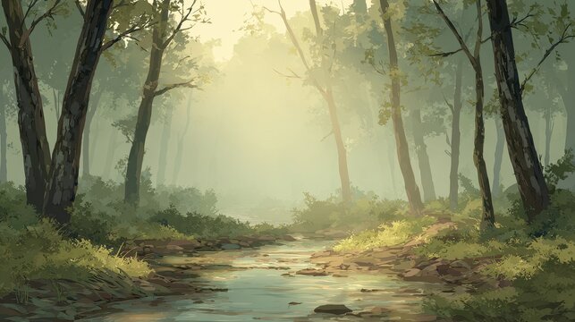 Serene misty forest with tranquil stream and lush green foliage bathed in ethereal light