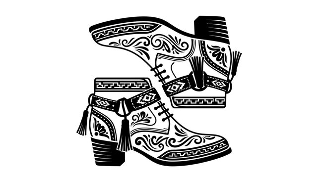 Pair of ornate western style leather boots with floral engravings.