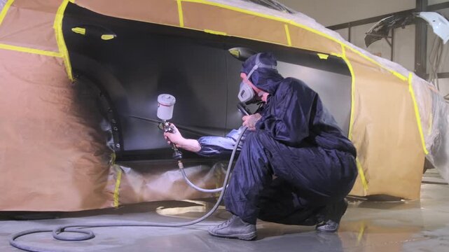 Body shop painter crouching beside masked car door and applying final black paint with spray gun repair workshop, completing insurance claim refinishing, collision damage, repair compensation process