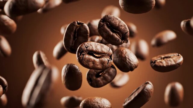 Close up of roasted brown coffee beans falling through the air on a warm brown background. Macro shot of flying coffee seeds in suspension with shallow depth of field and soft lighting.