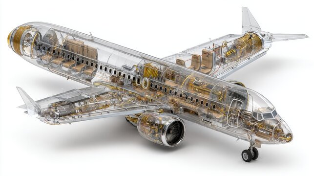 Transparent airplane cross section showing internal mechanical components and passenger cabin