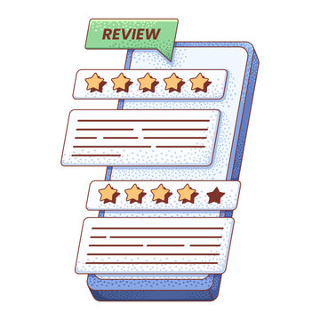 illustration of a smartphone displaying customer review panels with star ratings and text comments to evaluate online service or product quality